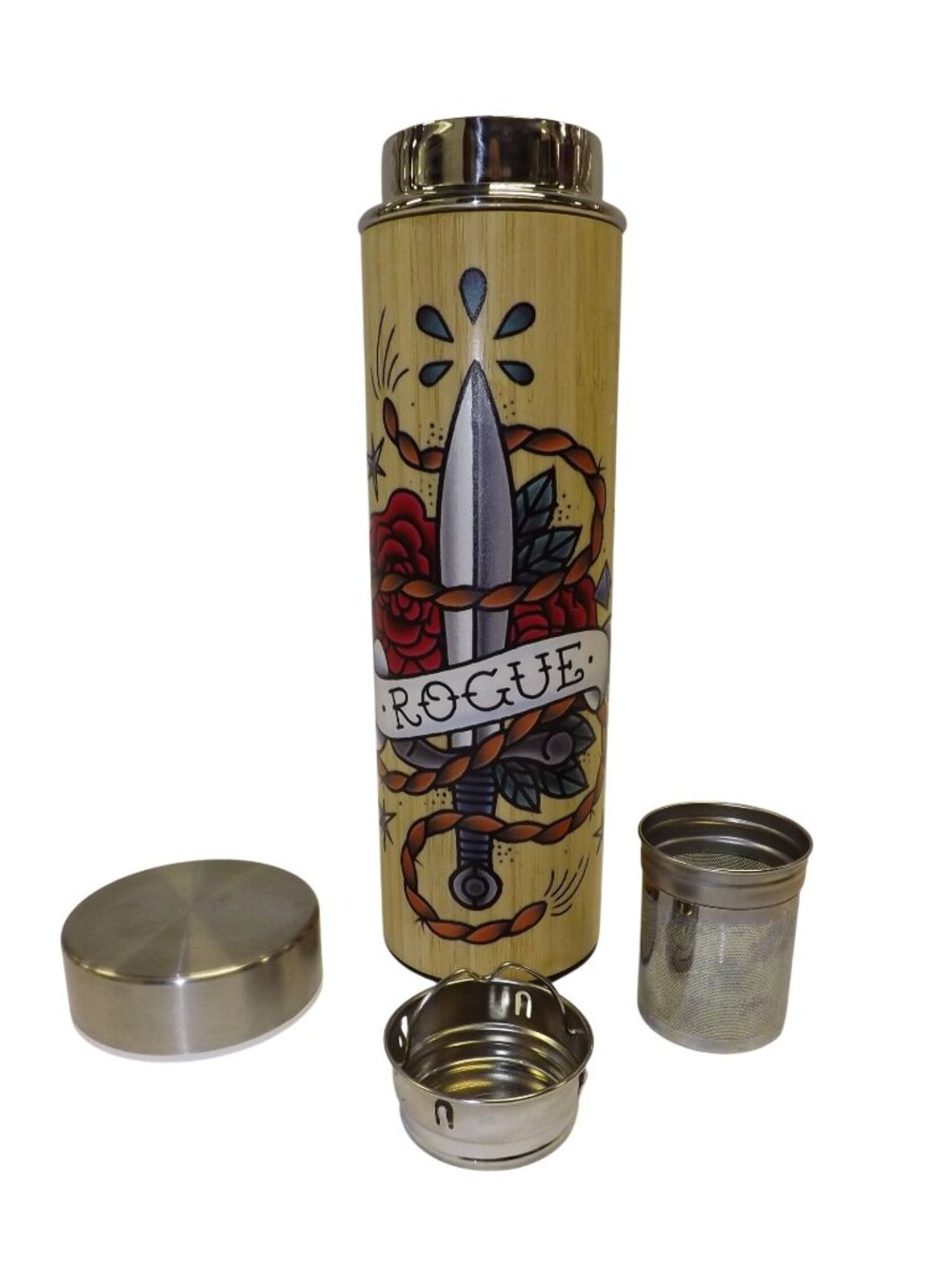 Travel Mug W Tea Infuser & Lid Tattoo Design Stainless Steel Dagger Rogue Bamboo